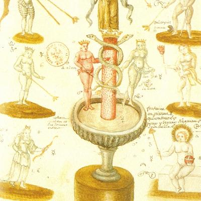 Alchimie figures allegoriques des metaux et planetes faisant hommage a la pierre occulte